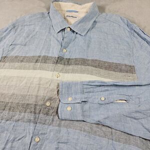 Tommy Bahama Linen Shirt Mens XXL Button Down Blue Striped Long Sleeve Beach